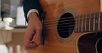 Music, hands and guitar with a man in studio, playing a rock or metal track, passion, and creative. Art, sound and male musician acoustic song for radio, podcast and live concert in a music studio