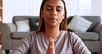 Yoga, woman and meditation for wellness, health and in position on floor in living room for exercise, fitness or calm. Peace, young female and girl have balance, practice or harmony for stress relief