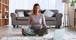 Meditation, relax and woman with a laptop for music, podcast and video on the internet in a living room. Yoga, peace and girl training her mind to be zen, free and calm with audio on a computer