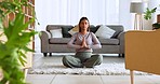 Yoga meditation, home exercise and woman praying in namaste hands, zen energy and peace, spiritual training and workout. Calm, relax and mindfulness fitness girl breathe, balance and healthy wellness