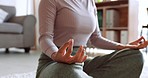 Meditation, calm and yoga woman on living room floor for work from home stress management, wellness and mindfulness. Fitness, mental health and hands of woman meditate for peace and inner healing