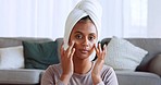 Wellness, skincare and portrait of a woman with face cream doing a cosmetic beauty routine. Moisturizer, health and model from Puerto Rico doing a facial treatment to relax in the living room at home