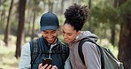 Couple, hiking and selfie, outdoor and travel, black woman and man together out in nature with technology and backpacking in woods. Hiker on adventure, relationship and photo with smartphone.