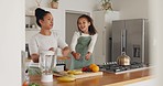 Dance, happy or mother and child in kitchen for morning breakfast, freedom or family time in home. Love, smile or comic dancing mom and girl bonding with fruit, food or blender for nutrition health