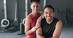 Health, fitness and personal trainer team at gym for exercise, motivation and body goal, happy and relax. Friends, workout and portrait of black woman and man bond, ready and excited for challenge