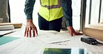 Construction worker, architecture and plan, blueprint and man architect working at construction site. Building, contractor check paperwork and renovation, illustration and design on table.