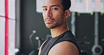 Face portrait, fitness and man in gym with serious facial expression ready for workout or exercise. Wellness, health or male bodybuilder from Canada, arms crossed and preparing for sports training.