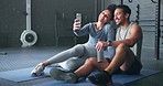 Gym, selfie and active couple taking a break from training workout to take a smartphone picture. Fitness, health and mobile wellness with a black couple taking photos in the exercise center