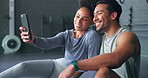 Asian man, woman or phone selfie in gym workout, training or exercise for social media, health app or fitness vlog. Smile, happy or bonding exercise friends or people on mobile photography technology