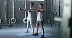 Exercise, black woman and man with kettlebell, fitness and workout for health, wellness and in gym. Healthy couple, gym equipment and doing training with stretching, routine and focus in sportswear.