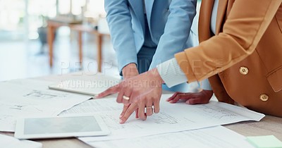Architecture, blueprint and architects planning, talking and working on ...