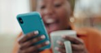 Excited, black woman and phone while drinking home coffee and online to celebrate win, success and bonus for winning prize, competition or lottery. Female winner happy about investment on smartphone 