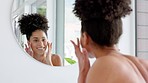 Woman, skincare and bathroom mirror face check in home, house or hotel grooming, acne treatment or dermatology success. Smile, happy and Brazilian beauty model wellness health or self care management