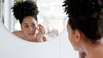 woman, mirror and eye care microblading in bathroom for cosmetic beauty or face skincare. African girl healthcare, eyebrow wellness and facial reflection for dermatology care morning routine at home