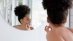 Facial, hair removal and woman in a bathroom for beauty, skincare and moustache tweezers in mirror. Face, black woman and lip hair tweezing after a shower for skin, wellness and grooming with mockup