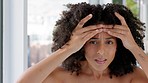 Worry, skincare and black woman face with anxiety about skin wellness, healthcare and aesthetic. Portrait of a woman checking for acne, wrinkles and dermatology problem thinking about botox and prp