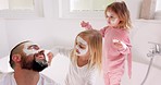 Face mask, bonding and girl children with their father for luxury wellness, beauty and skincare in the bathroom of a house. Spa, facial and dad with smile and happy with care for skin with kids