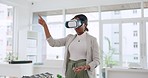 Business, innovation and black woman with vr technology standing in modern office using hands for ui. Ux, futuristic and businesswoman interact with digital interface wearing virtual reality headset
