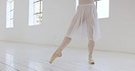 Dancing, dancer and ballet woman feet in studio, dance school or art academy on wall mock up. Ballerina student or girl balance on pointe shoes training or learning in a class theatre performance