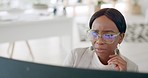 Doubt, confused and business woman on computer with email feedback, software management or online networking negotiation in office. Frustrated, thinking and mistake or error of black woman on desktop