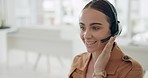 Call center consultation, happy woman and customer service, telemarketing and solution, helping and consulting in office. Sales consultant talking to client online, communication and customer support
