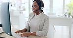 Call center, customer support and telemarketing agent doing a consultation online with a computer. Contact us, customer service and black woman working with crm strategy for a internet ecommerce sale