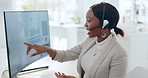 Headset, call center and black woman customer service, have conversation and help online with computer. Agent, female and consultant assist client with issue, digital device and consulting on system