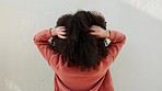 Woman with natural hair and afro curls on white wall background and mockup from the back. Funky, carefree and empowerment girl with natural hairstyle for hair care, style or fashion stylist mock up