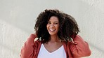Afro, curly and hair care woman with playful, fun and carefree portrait in summer sunshine on wall background and mock up or copy space. Funky, retro and natural girl with hair mustache