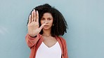 Black woman portrait, stop hands palm sign and fighting racism, oppression and inequality. Young african person, woke about discrimination and harassment warning, feminism and protest vote for no ban