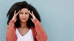 Headache, stress and mental health with a woman on a gray background with mockup for marketing and advertising. Healthcare, medicine and asprin with a young female and space for product placement