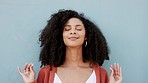 Calm, self love and black woman with meditation, yoga or spiritual healing gesture on blue wall background mockup or copy space. Peaceful, relax and meditate portrait while enjoying outdoor fresh air