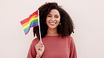Freedom, vote and pride flag with black woman showing support to the gay, lgbtq, queer and lesbian community. Portrait of happy female cheering for transgender and homosexual power with rainbow flag
