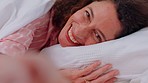 Happy, relax and woman in bed portrait awake with smile of health, wellness and calm zoom. Wake up, morning and happiness of excited girl in bedroom resting on pillow with handheld side view.
