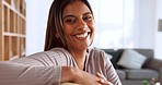 Portrait of happy, smile and indian woman in living room sofa, couch and relax in house, home and apartment for alone time, easy lifestyle and happiness. Beautiful young indian girl face in lounge 