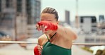 Boxing portrait, sports and woman in city for fitness exercise training motivation. Young boxer, wellness mma workout and goal mindset with energy for martial arts fist fight competition in outdoors