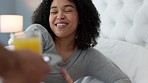 Breakfast, wake up and black woman with food and orange juice surprise in bed for birthday. Marriage, couple and morning hospitality with man and happy wife in bedroom together to love and care 