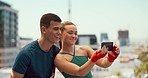 Phone, fitness friends and selfie in city for social media after training workout together. Healthy athlete, couple and 5g tech photograph app for mobile sports exercise wellness motivation outdoors