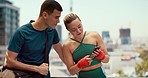 Man, woman or fitness team with phone for health data analysis, social media motivation or tracking app in muscle growth. Smile, happy or talking sports athletes in fist bump and on mobile technology