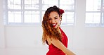 Dance, woman and salsa dancing with beautiful, energetic female with passion and art or elegant choreography. Dancer, lady and passionate, artistic woman with creative and graceful tango 
