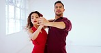 Couple, dance and salsa in training, lesson and practice for competition, performance and class. Latino man, woman and professional dancer people dancing with passion, motivation and skill in Brazil