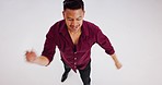 Dance, music and tango with a man performer dancing or training in a studio alone from above. Energy, performance and samba with a male dancer in a creative workshop for the performing arts