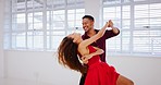 Ballroom dancer couple, practice hall and training together for fitness, choreography and wellness. Black man, black woman and dancing in studio class to ready dance, steps together for preparation