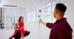 Tango, samba or salsa class with a couple dancing and being romantic with a rose in dance studio while learning, moving and having fun in Mexico. Man and woman dancer in studio for training and love