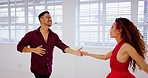 Salsa, dance and couple doing ballroom for a concert, event or training together in a dancing studio room. Happy, smile and dancer man and woman with energy for the tango during a class with music