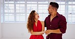 Ballroom, dance and couple learning the salsa in a studio with music together. Date, tango and dancer man and woman with smile, happy and training for a dancing performance in partnership in a class