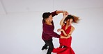 Dancing, couple and salsa dancer, training for competition or performance in dance studio or class. Fitness, ballroom and creativity, man and woman practice together for contest, exercise and art.