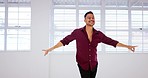 Ballroom, happy and man dancing in class with music for exercise, fun or practice for performance. Happiness, freedom and male dancer from Mexico doing latin dance routine while moving with energy.