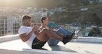 Couple, workout and fitness with ball for weightlifting outdoor, sport and weight training on rooftop. Strong, building muscle and wellness, healthy and active lifestyle with teamwork in exercise.