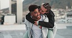 Fitness, couple and cheek kiss for piggyback, romance or sports exercise together in the city outdoors. Happy man and woman relax, hug or love for sport training, workout and healthy relationship